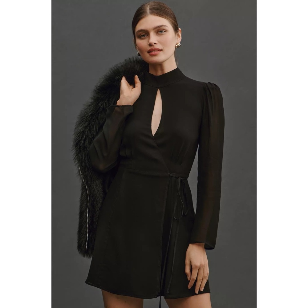 NWT Reformation Otessa Keyhole Front Tie Long Sleeve Mini Dress Black Witchy